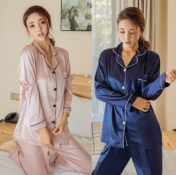 Ženy Hodvábny Satén Pajama Pj Nastavenie Dlhý Rukáv Tlačidlo Sleepwear oblečenie pre voľný čas Odev