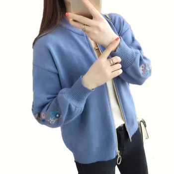 Zimné dámske svetre Nové ostrihané vyšívané bunda Pletený sveter cardigan Voľné žien kórejský sveter na zips Žien kabát