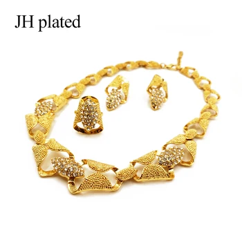 JHplated Nigéria Dubaj Módne zlatá farba šperky sady Afriky svadobné dary strana pre ženy Náhrdelník Náramok, náušnice, prsteň