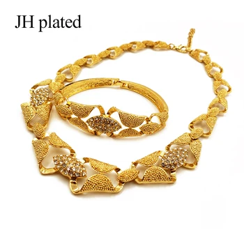JHplated Nigéria Dubaj Módne zlatá farba šperky sady Afriky svadobné dary strana pre ženy Náhrdelník Náramok, náušnice, prsteň