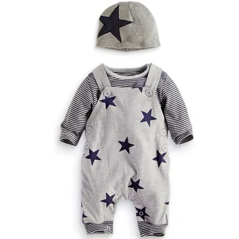 2020 Roztomilý Jeseň Detské Oblečenie Novorodenca Batoľa Star Dungree 3ks Dieťa Nastaviť Dlhý Rukáv Stripe Tričko+Nohavice+Klobúk Deti Nastaviť