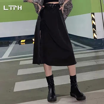 2020 Jeseň nových prírastkov vintage Anglicko Štýl vysoký štíhly pás čiernej sukni módne farbou vysokej studenej semi-split žena sukne