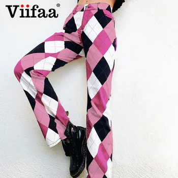Viifaa Multicolor Kosoštvorec Rovné Nohavice Jeseň Streetwear Ženy Vysoký Pás Zips Lietať Kockované Nohavice Módne Oblečenie 2020
