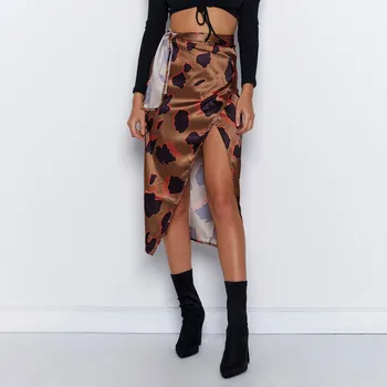 Móda Ženy Lete Boho Vysoký Pás Obväz Leopard Tlač Zábal Šifón Satin Luk Sexy Prehrabať Žena Split Midi Sukne#g3
