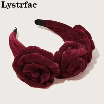 Lystrfac Flower Decor Velvet hlavový most pre Ženy Wild Vintage Vlasy Hoop Červená Čierna Hairband Rámu Headpieces Vlasy Príslušenstvo
