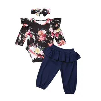 UK Jeseň Novorodenca Dieťa Dievča Oblečenie Kvetinový Topy Romper+Nohavice 3KS Oblečenia