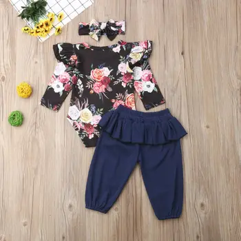 UK Jeseň Novorodenca Dieťa Dievča Oblečenie Kvetinový Topy Romper+Nohavice 3KS Oblečenia