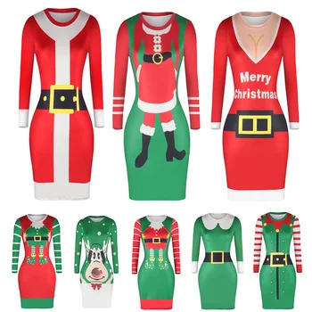 Santa Claus a Vianočné tesné šaty, Kostýmy Ženy Dlhým rukávom Festival Nočný bar Fantázie Cosplay tesný Pack Hip Šaty