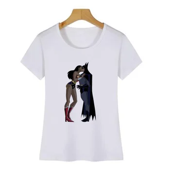 Batman a Catwoman Kiss T-Shirt Ženy Móda Cool Tričko Zábavné Grafické Tees Lete Dámy O Krk Krátky Rukáv Camisas Mujer