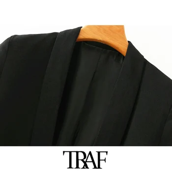 TRAF Ženy Móda Office Nosenie Základné Čierne Sako Kabát Vintage Skladaný Rukáv Vrecká Žena vrchné oblečenie Elegantné Topy