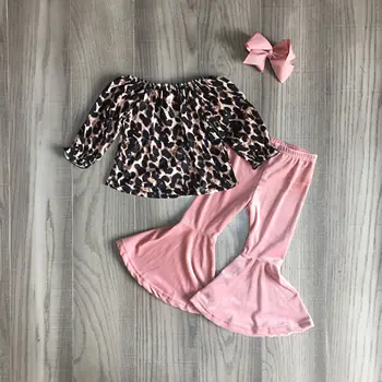 Dieťa Dievča oblečenie dievčatá leopard oblečenie leopard top s pevné ružové menčestrové bell spodnej časti nohavice detské deti patria set s lukom