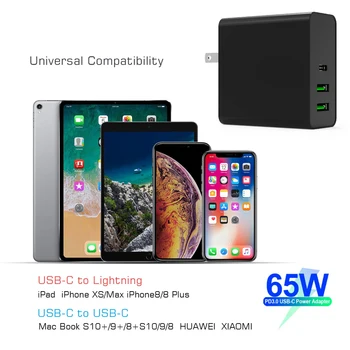 65W USB Typu C PD 3.0 Nabíjačku 3 Port Pre Macbook Notebook, Tablet 20V 3.25 A AC100-240V Univerzálna Nabíjačka EÚ a USA Plug Rýchle Nabíjanie
