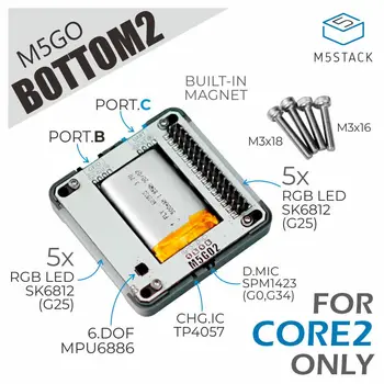 M5Stack Úradný M5GO Batérie Bottom2 (pre Core2 len) s MPU6886 Digitálny Mikrofón(SPM1423) 500mAh Batérie rozširujúci Port