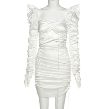FANTOYE Vintage Duté Z Drahokamu Mini Šaty Pre Ženy Jeseň Dlhý Rukáv Ruched Ceruzka Šaty Biele Backless Elegantné Vestido