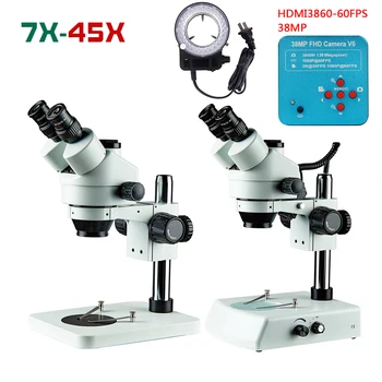 7-45X Trinocular Stereo Mikroskopom LED Svetlá PCB Spájky Nástroj Mobilný Telefón Opravy Minerálnych Sledovanie+38MP HDMI VGA Fotoaparát Microsco