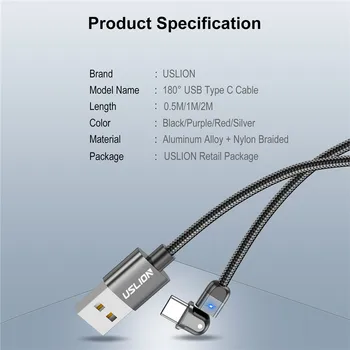 USLION 180 Stupňov Rotácie LED USB C Kábel Typu C Rýchle Nabíjanie 3A Rýchlu Nabíjačku Kábel Pre Xiao HuaWei Samsung Android Telefón