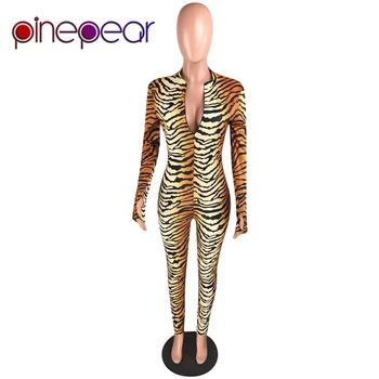 PinePear 2020 Tiger Tlač Zips Tvaru Dlhý Rukáv Sexy Jumpsuit Jeseň Zima Ženy Streetwear Slim Oblečenie Telo Dropshipping