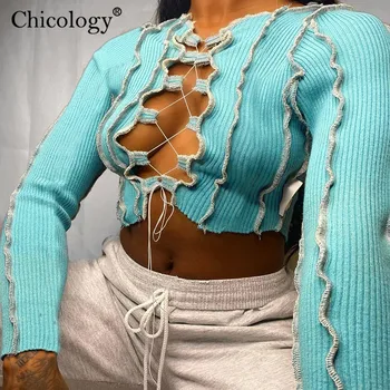 Chicology čipky sexy streetwear patchwork prúžok šnúrkou T-tričko s dlhým rukávom letné, jesenné ženy 2020 t shirt club oblečenie