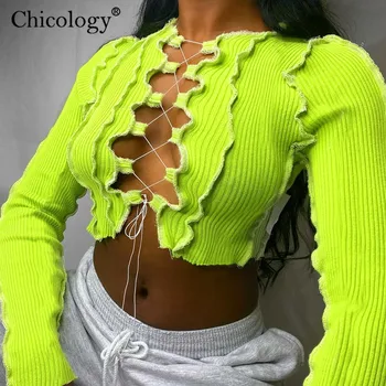 Chicology čipky sexy streetwear patchwork prúžok šnúrkou T-tričko s dlhým rukávom letné, jesenné ženy 2020 t shirt club oblečenie