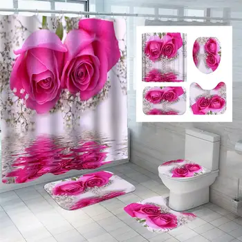 Pink Rose&Motýľ Kúpeľňa Non-slip Mat Nastaviť Trvanlivé Nepremokavé Sprchový Záves Nastaviť Podstavec Koberec Veko Wc Kryt Vaňa Mat Koberce