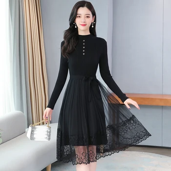 Jeseň Zima Pletenie Bavlna Vintage Vestidos 2020 Plus Veľkosť Ženy Bodycon Dlhým Rukávom, Čierne Šaty Strany Sexy Čipka Midi Šaty