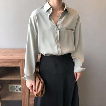 Lesklý Satén Retro Košele Ženy Office Topy 2020 Jeseň Kórejský Elegantný Jemný Vrecku Dlhý Rukáv Biele Tričko Ženské Oblečenie