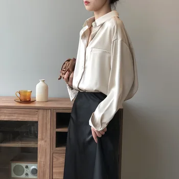 Lesklý Satén Retro Košele Ženy Office Topy 2020 Jeseň Kórejský Elegantný Jemný Vrecku Dlhý Rukáv Biele Tričko Ženské Oblečenie