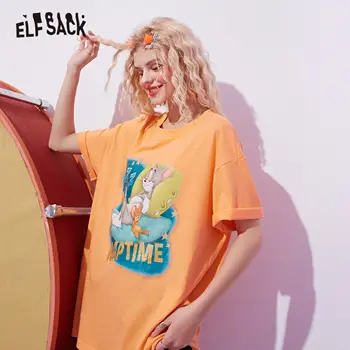 ELFSACK Modrá Karikatúra Tlačiť Bežné Ženy Harajuku T-Shirt 2020 Lete ELF Žltá Krátky Rukáv kórejský Dámy Denne Roztomilý Oranžový Top