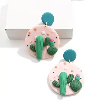 AMORCOME Roztomilý 3D Ílu Polyméru Kaktus Náušnice pre Ženy Geometrické Svetlo Ružové Kolo Prívesok Náušnice Šperky Boucle Oreille Femme