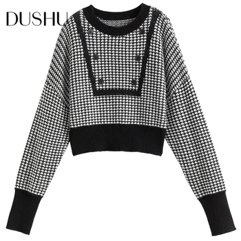 DUSHU Plus veľkosť nadrozmerné koberčeky pletený sveter Ženy jeseň zima čierna vintage pulóver Žena knitwear top elegantný sveter
