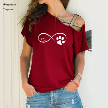 Móda krátke Rukáv tričko Príležitostné letné Pes, Mačka Packa Láska tričko ženy 2020 sexy Nepravidelný rameno ženy oblečenie tee topy
