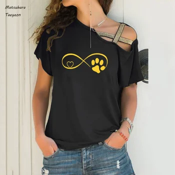 Móda krátke Rukáv tričko Príležitostné letné Pes, Mačka Packa Láska tričko ženy 2020 sexy Nepravidelný rameno ženy oblečenie tee topy