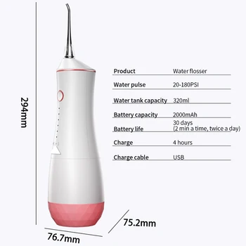 Ústne Irigátor USB Nabíjateľné Vody Flosser Prenosné Zubné prúd Vody 320ML Nádrž na Vodu, Nepremokavé Zuby Cleaner Cestovné Darček