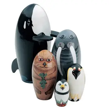5 ks/Set Drevené Veľryba Penguin Zvierat Matryoshka Hniezdenie Bábiky, Figúrky Deti Hračka