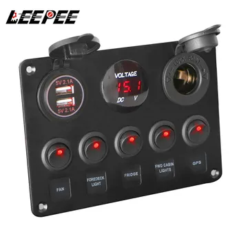 LEEPEE 5 Gang 12V Nepremokavé Intergrated Prepnúť Panel Digitálny Voltmeter Dual USB Port Pre Auto Morských LED Rocker Príslušenstvo