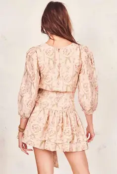 Linjiashop jeseň kvetinový tlač ženy šaty O-krku polovicu rukáv kaskádové volánikmi prehodil šnúrkou ríše elegantný mini šaty