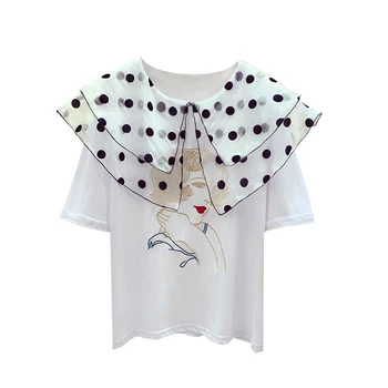 Kórejský Štýl Nové Sladké Vlny Dot Bábika Golier T-shirt Ženy Voľné Vyšívané Krásne Dievča Leta Tee Košele, Topy