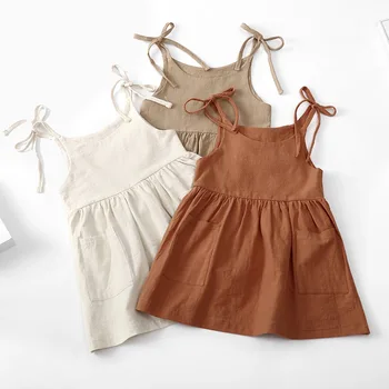 Letné Baby Girl Šaty bez Rukávov Bežné Farbou Zviazať s Vrecku Roztomilý Mini Šaty pre Deti Deti 2021 Nové