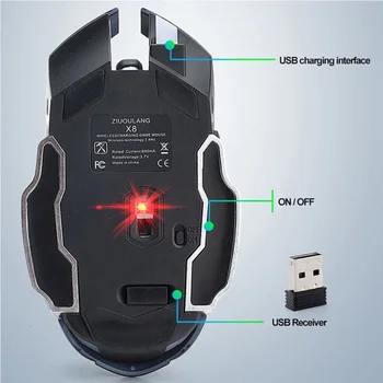 Ergonomické Nabíjateľná Svetlo Dýchania Vypnúť Bezdrôtový Herný Mechanické Myši 800/1200/1600/2400 DPI Počítačovej Myši Hráč Myší