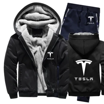 Hoodies Mužov Tesla Auto Logo Mens Hoodies Vyhovovali Zimné Zahustiť Teplé Fleece bavlna Zips Mens Tepláková súprava Bunda+Nohavice 2 ks Súpravy
