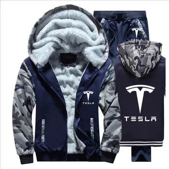 Hoodies Mužov Tesla Auto Logo Mens Hoodies Vyhovovali Zimné Zahustiť Teplé Fleece bavlna Zips Mens Tepláková súprava Bunda+Nohavice 2 ks Súpravy