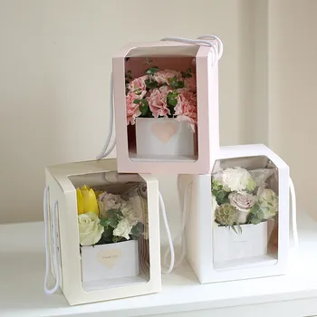 5 ks Námestie Papierové kvety Box s Rukoväťou Balenie Kvety vyčistiť Okno Ruže Kytice Usporiadanie Boxov Prekvapenie Darčekovej krabičke