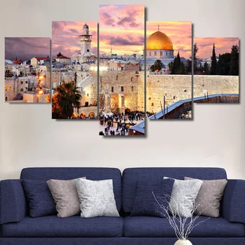 Moderné Maliarske Plátno na Stenu Umenie Modulárny Obrázky Rám Domova 5 Panely Jeruzalema západ Slnka Krajiny HD Tlačených Plagáty PENGDA