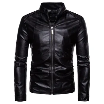 Vysoko kvalitné kožené sako pánske tenké módne čierny stojan golier motocykel bunda nové retro motocykel PU kožené sako M-5XL