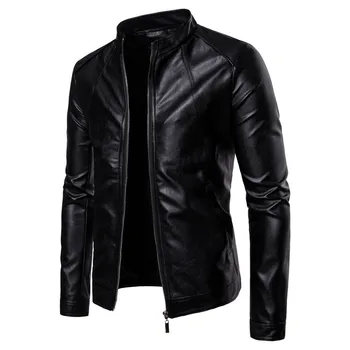Vysoko kvalitné kožené sako pánske tenké módne čierny stojan golier motocykel bunda nové retro motocykel PU kožené sako M-5XL