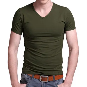 2021 Úsek Lycra V Golier Mens T Tričko Farbou Krátke Rukávy T-Shirt Pre Mužov Muži Pančuchové Nohavice Slim Tričko