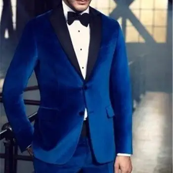 2 Kus Velvet Bežné Muži Obleky pre Svadobné Slim Fit Ženícha Smoking Kráľovská Modrá Mužskej Módy Kostým, Nohavice, Bunda s Novým 2020