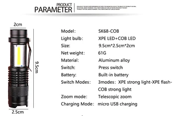 3800LM USB Rechargable Baterka Q5+COB LED Baterka Prenosný Mini ZOOM Baterka Nepremokavé Pochodeň s vstavanej Batérie.