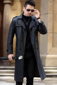 Zimné slim motocykel dlhé kožené kabáty mužov bežné dvojité breasted kabát pánske kožené výkopu coats klope black fashion M - 3XL