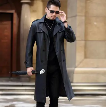 Zimné slim motocykel dlhé kožené kabáty mužov bežné dvojité breasted kabát pánske kožené výkopu coats klope black fashion M - 3XL